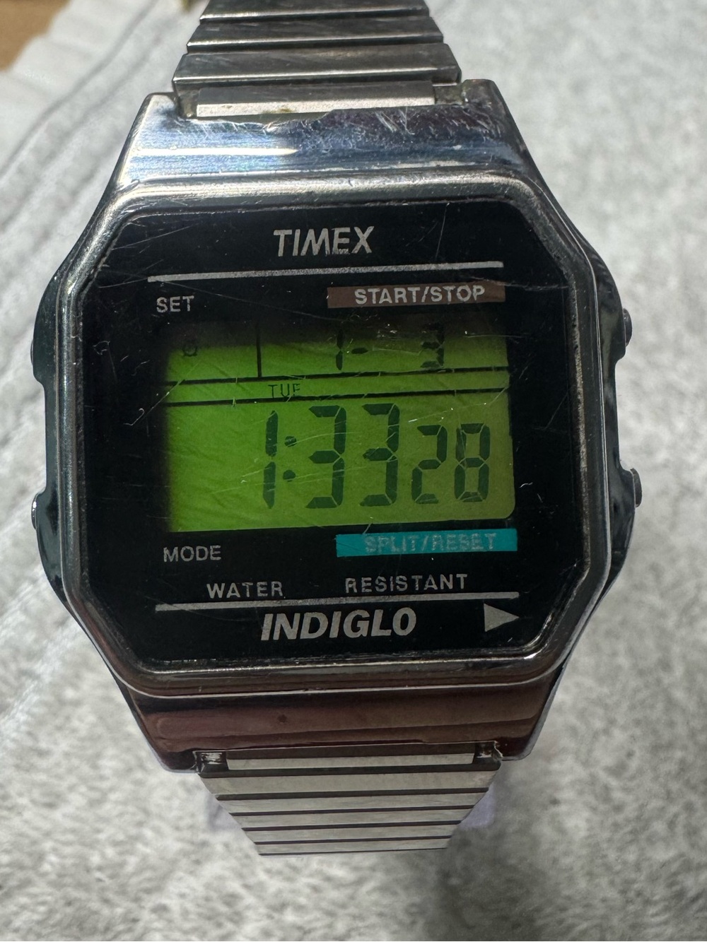 Timex Indiglo Digital Watch - Silver Case with Green Display